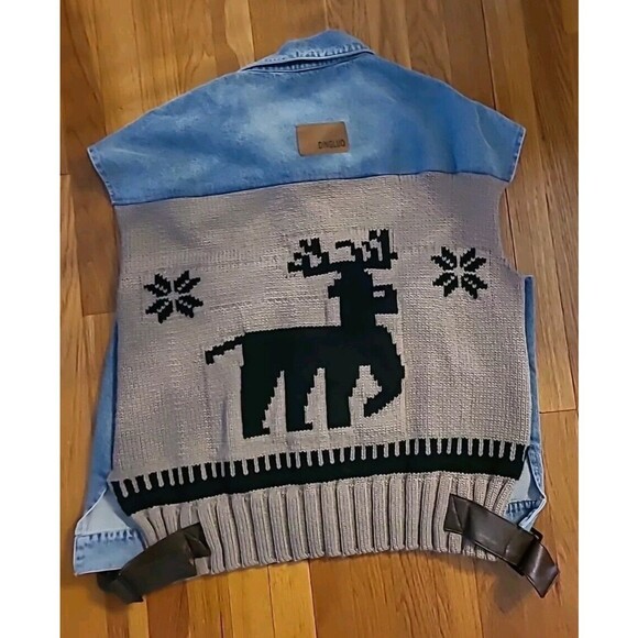 iASK Fashion Denim Vest Oversized Sleeveless Distressed Knit Back Deer Korean - Picture 2 of 14